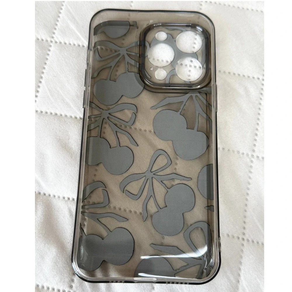 Black Cherry Bow Print iPhone 14 Pro Max Case Smoky Translucent Cover